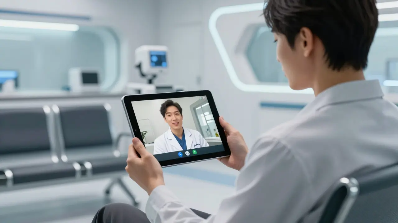 Patient using tablet for video interpreter call in clinic.