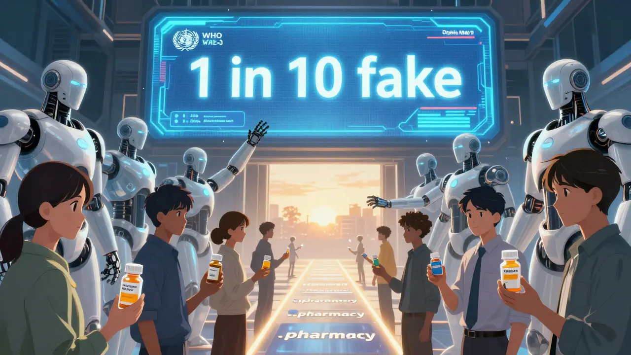 People protected by regulatory guardian robots as a path leads to verified pharmacies under a rising sun.