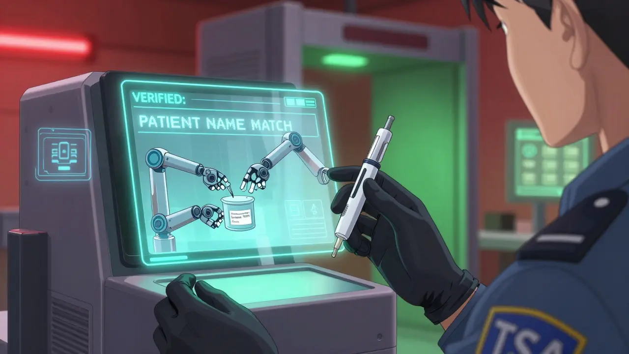TSA officer holds insulin pen as hologram confirms patient match, robotic scanner analyzes container with AI icons.