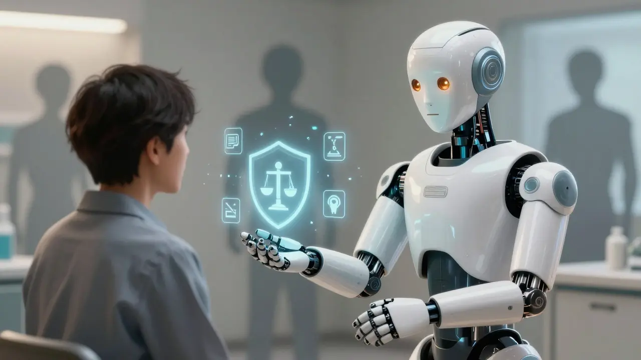 White android assistant offering support to a seated human patient