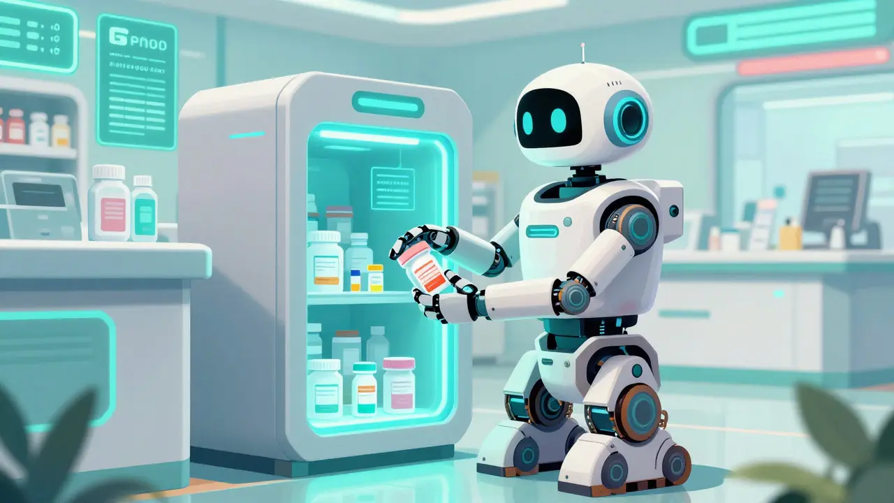 A disposal robot placing medications into a glowing high-tech pharmacy take-back kiosk.