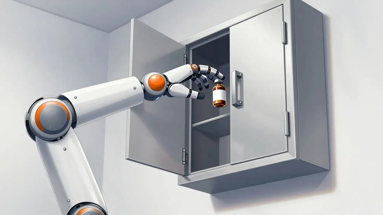 A robotic arm storing a medicine bottle in a high, locked security cabinet.