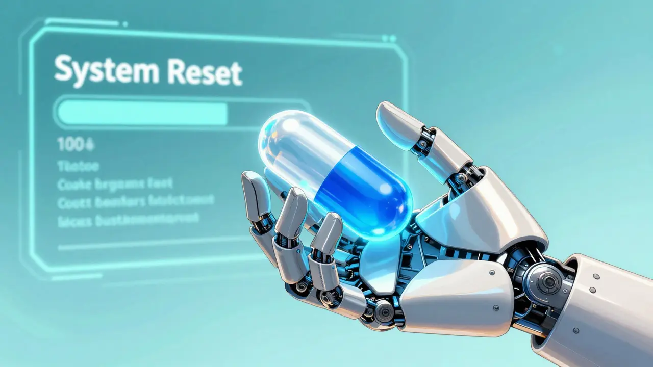 A robotic hand holding a glowing blue medical capsule with a system recovery screen behind it.