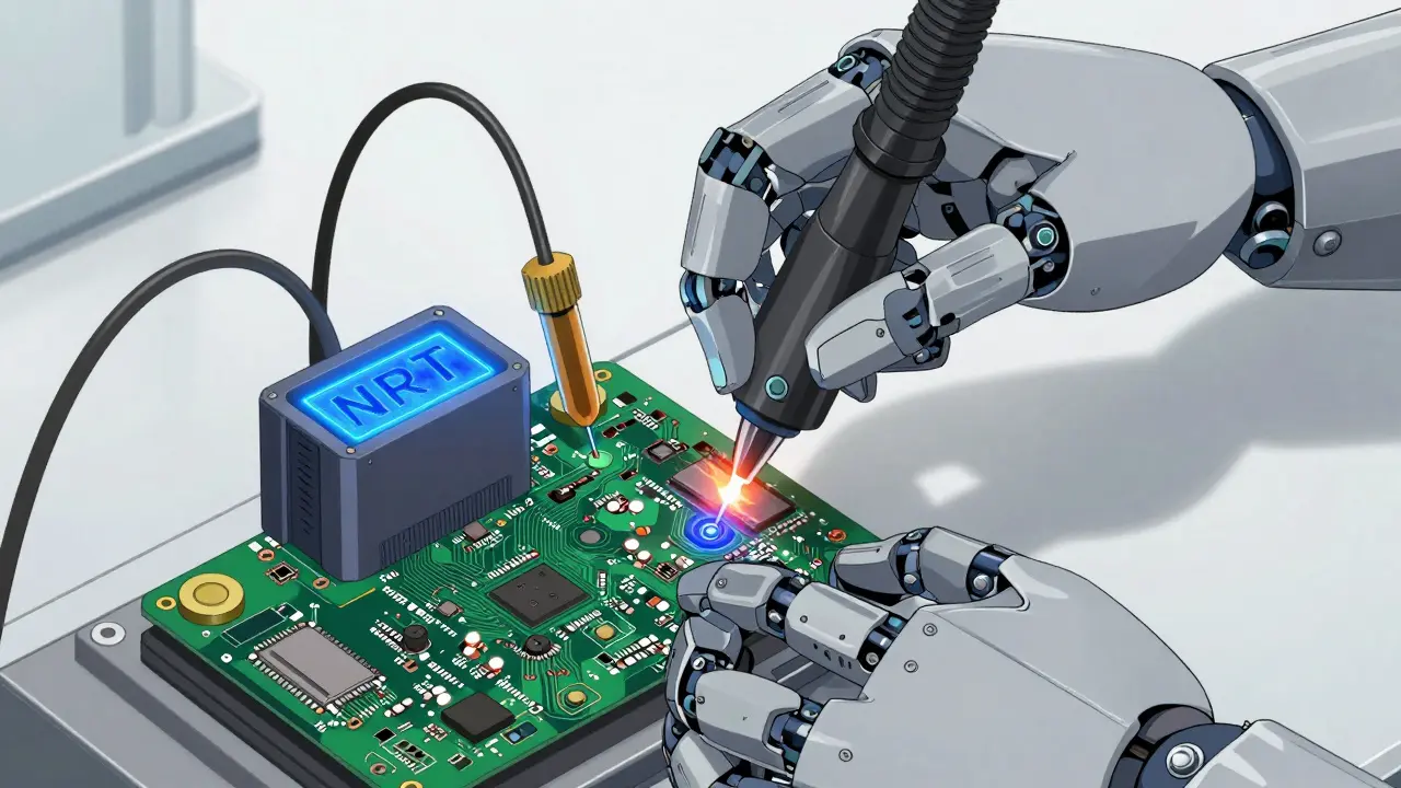 A robotic hand using high-tech tools and energy patches to repair internal circuitry.