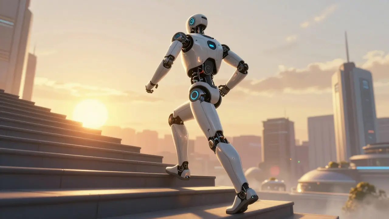 A sleek, repaired robot jogging up stairs toward a bright, golden futuristic sunrise.