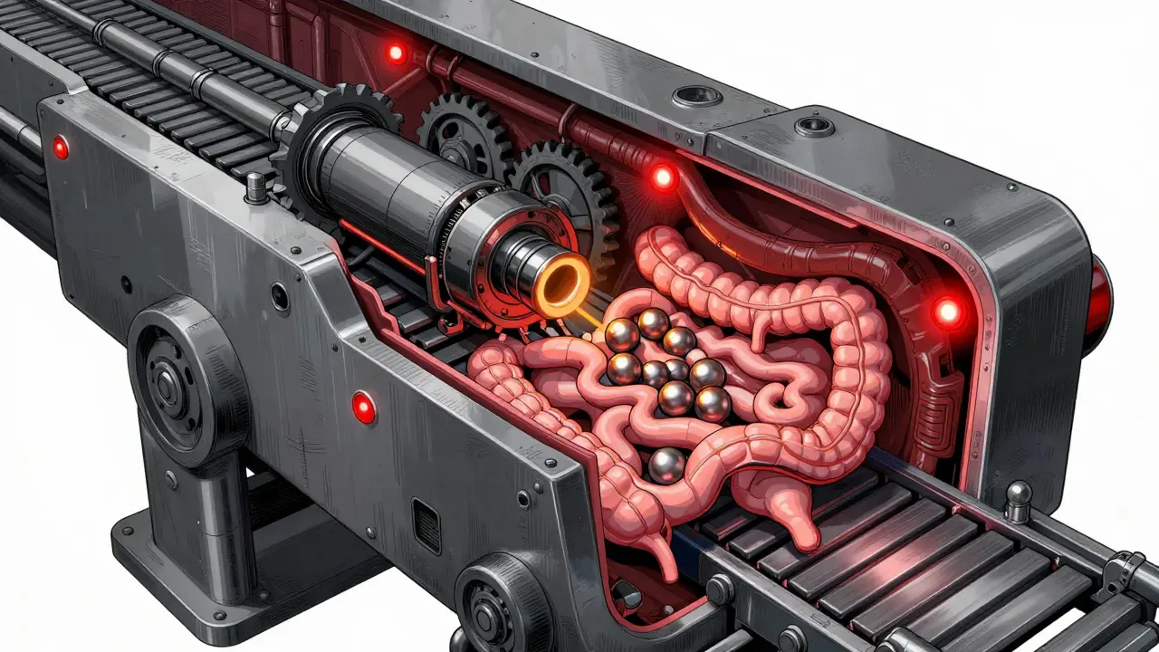 Cross-section of a robot's internal gears showing a mechanical blockage with red warning lights.