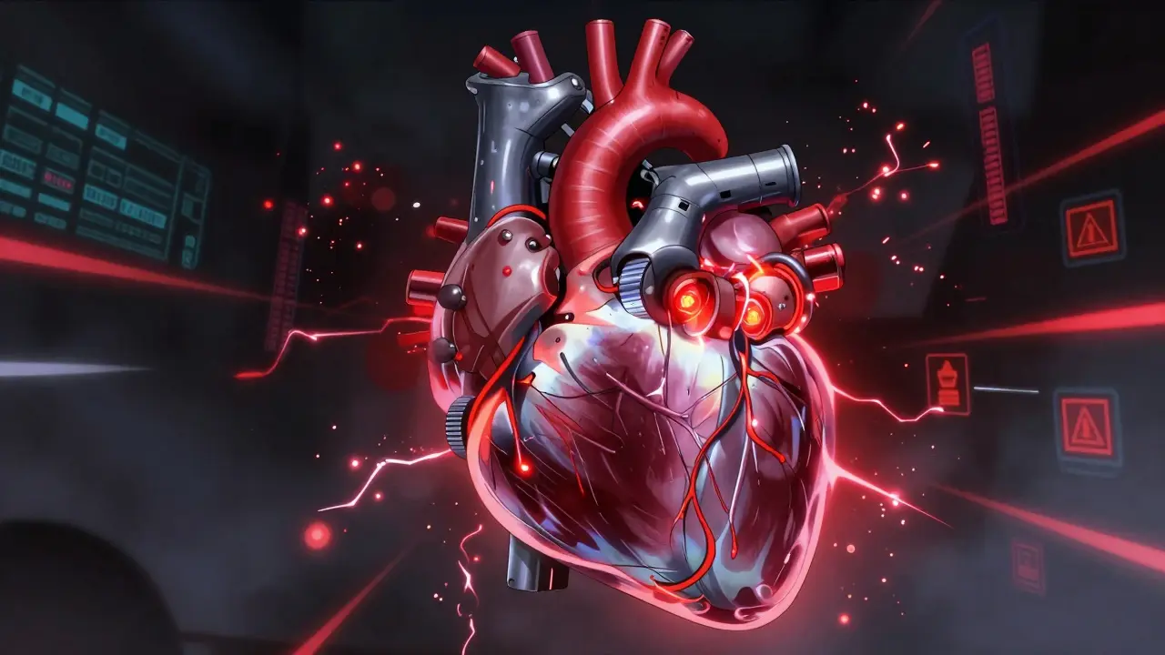 Detailed mechanical heart with red energy pulses