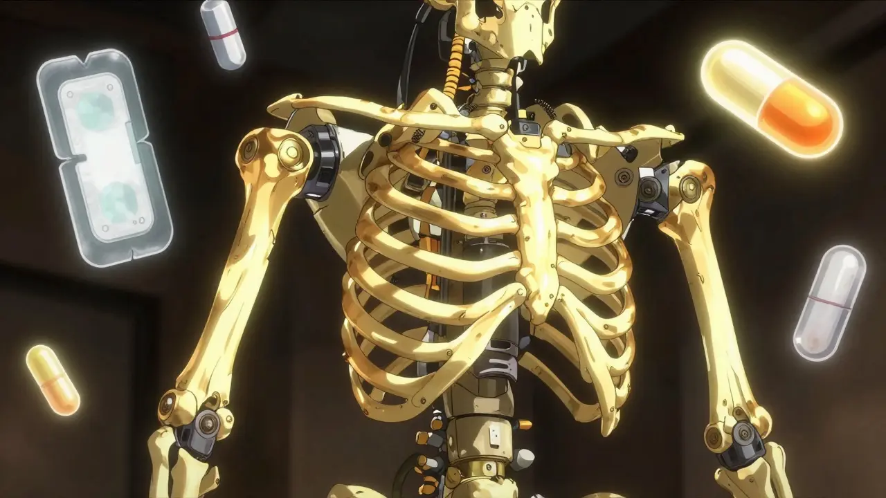 Detailed robot skeletal frame glowing gold with high-tech hormone delivery patches.