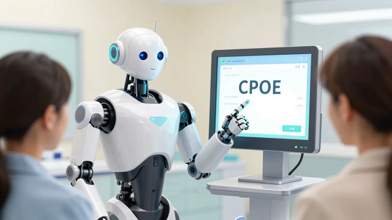 Friendly medical robot showing a patient a clear digital prescription screen.