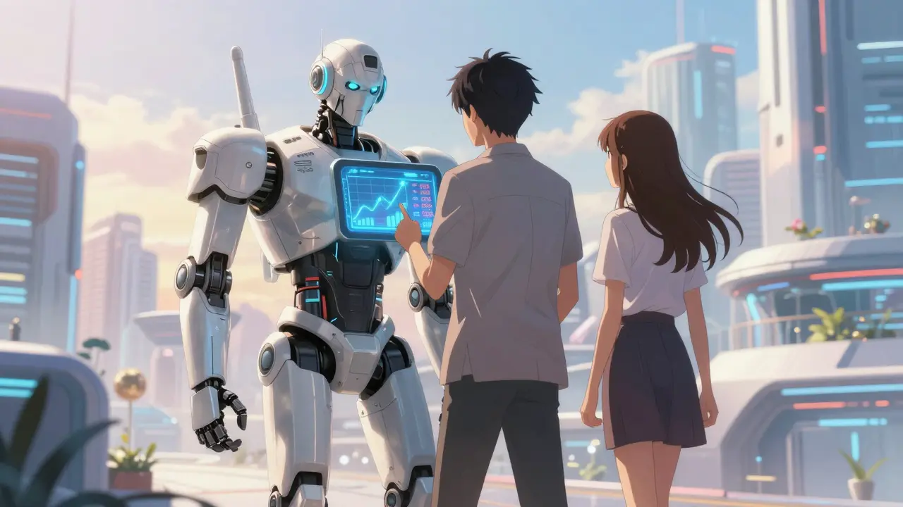 Human and robot viewing future healthcare price trends on a digital device at sunrise.