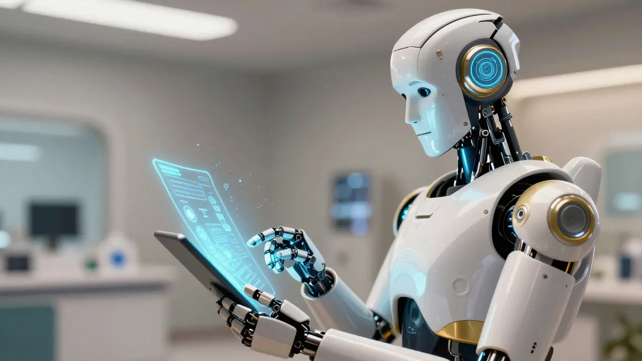 Humanoid robot scanning a digital medical prescription on a hologram