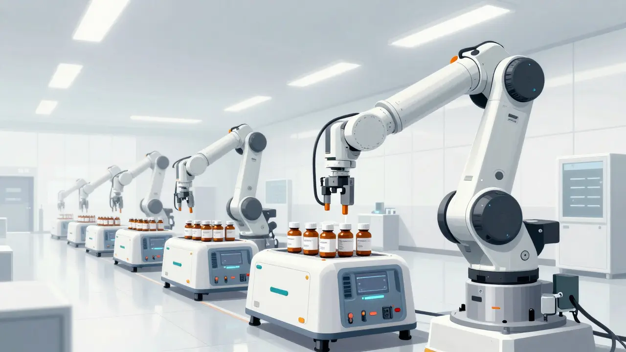 Industrial robot arm sorting medicine bottles in a high-tech facility