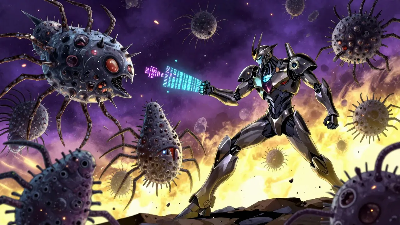 Mecha warrior fighting armored bio-mechanical bacteria swapping genetic data