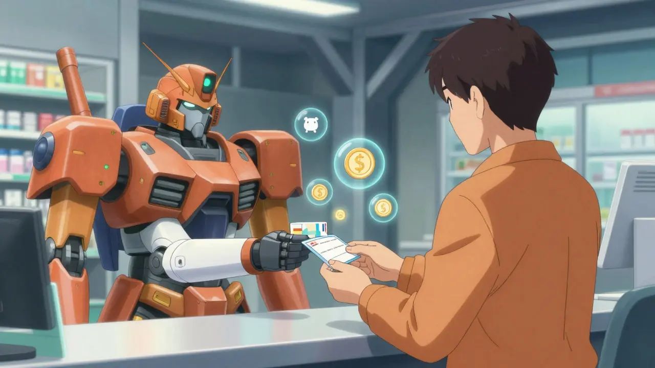 Patient holding medication at pharmacy counter, surrounded by floating savings icons.