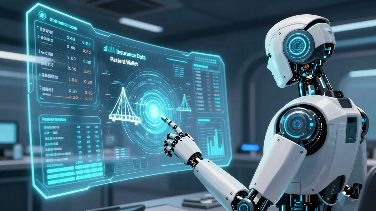 Robot analyzing drug cost data and therapeutic alternatives on holographic screens.