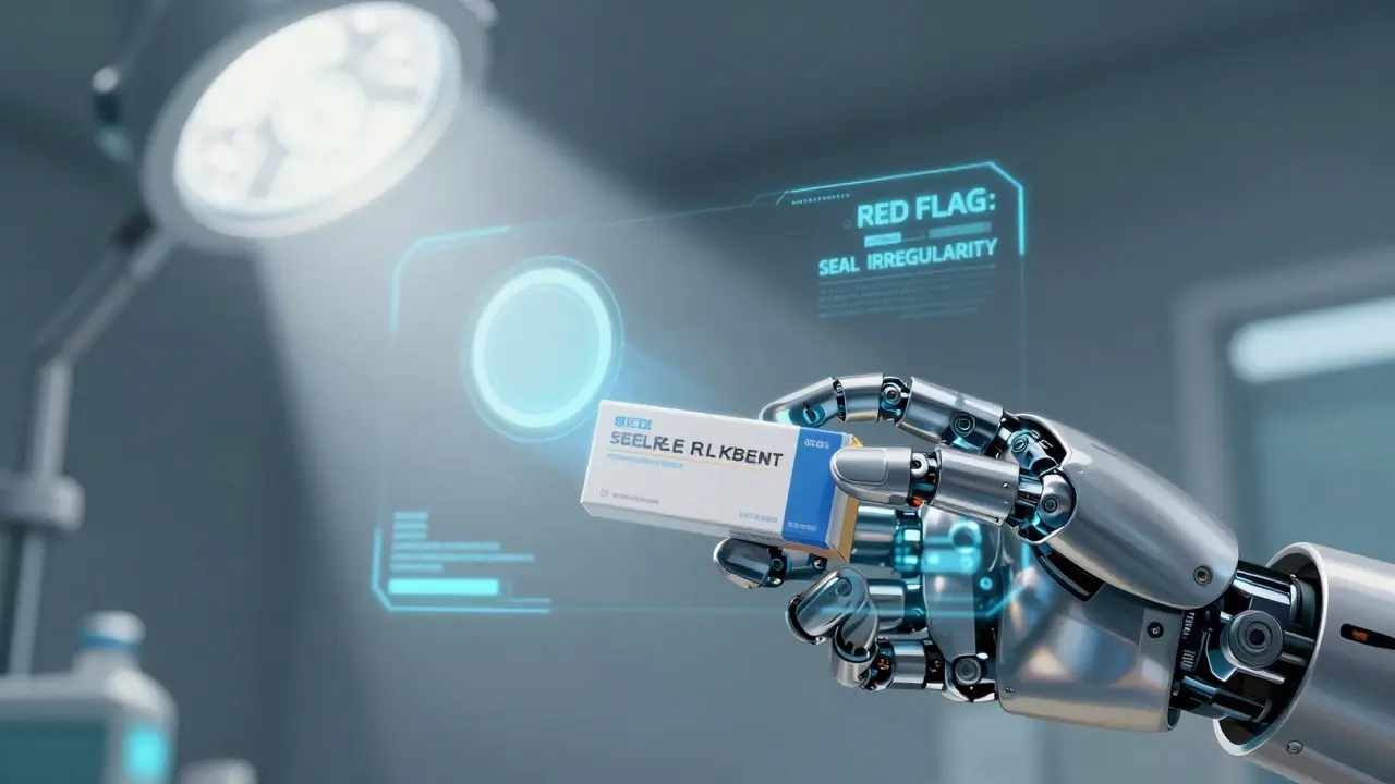 Robot hand inspecting a blurry holographic seal on a medicine package with a digital HUD