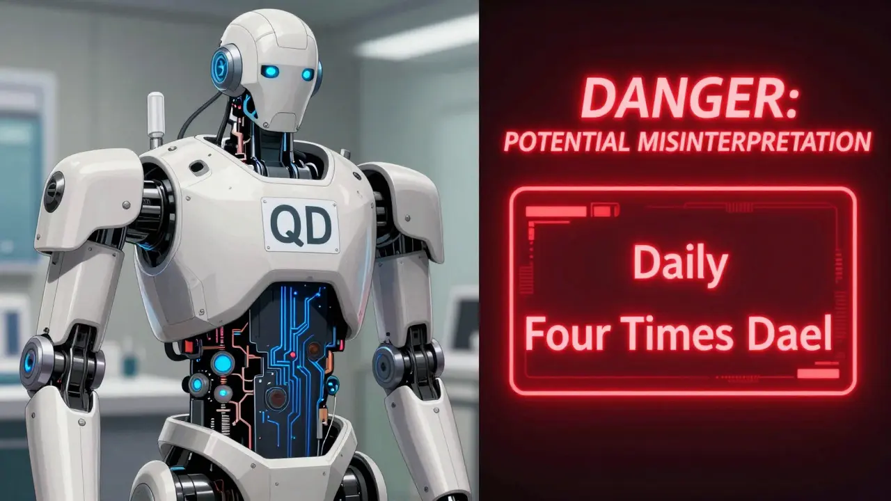 Robot interface showing a warning alert for a misinterpreted medication abbreviation.