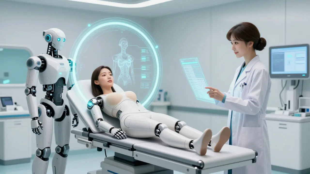 Robotic woman receiving a holographic medical scan from a robotic doctor.