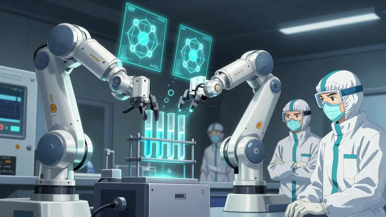 Scientists and robotic arm testing drug equivalence in a detailed laboratory.