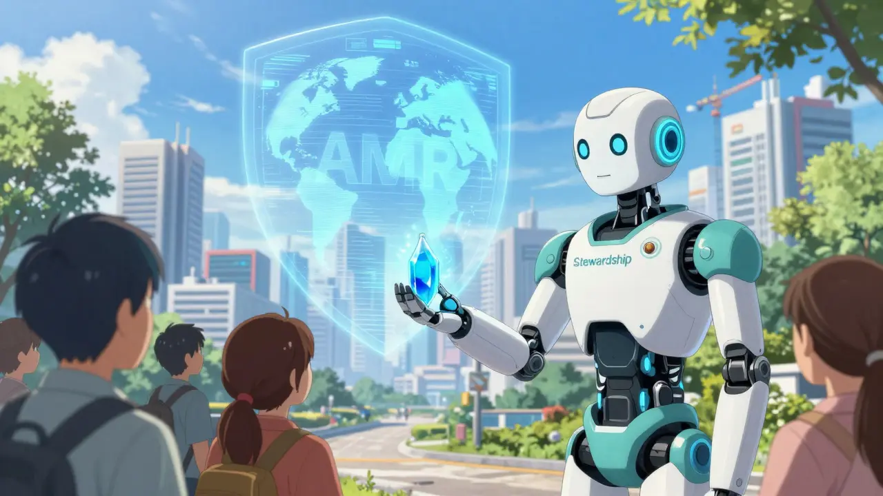 Stewardship robot distributing new medication in a bright futuristic city
