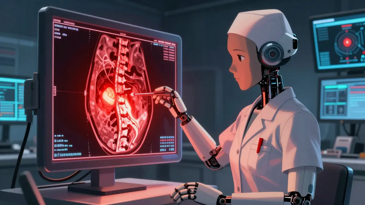 Android monitoring critical spinal scan in high-tech room