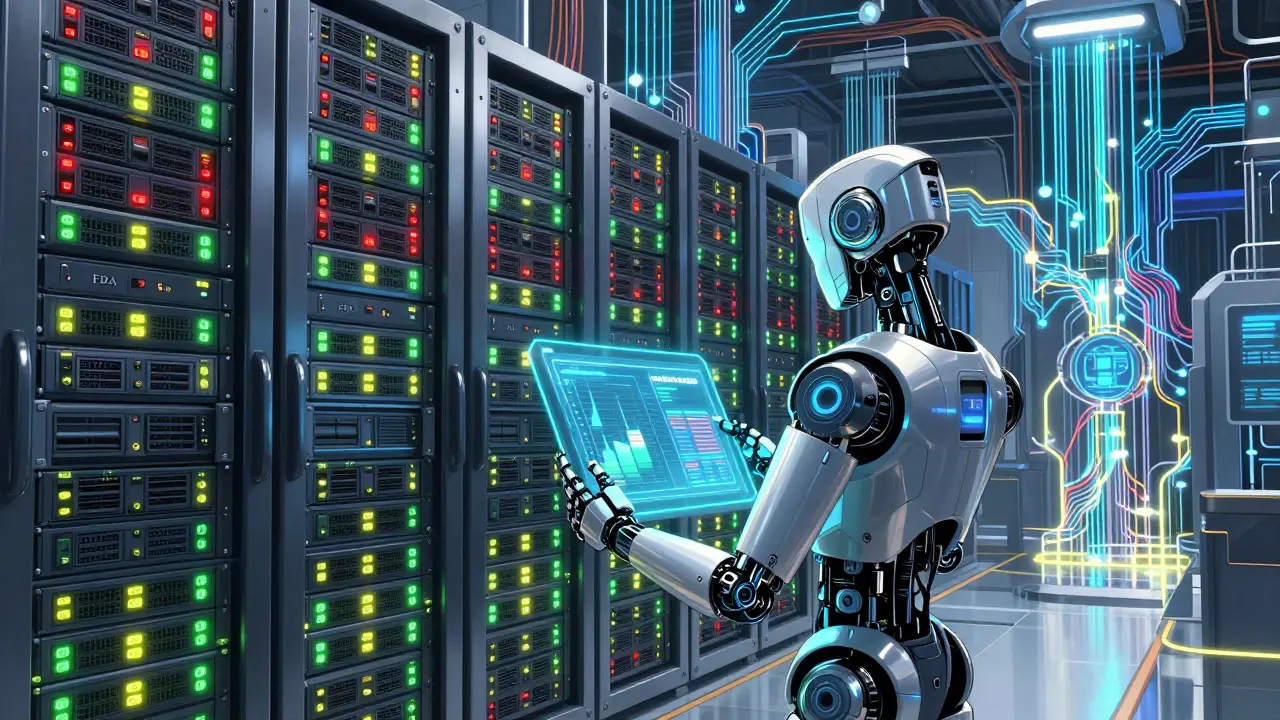 Android reviewing regulatory data in a high-tech server room