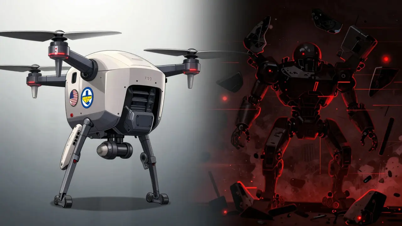 Armored delivery drone contrasting with glitching scam bots