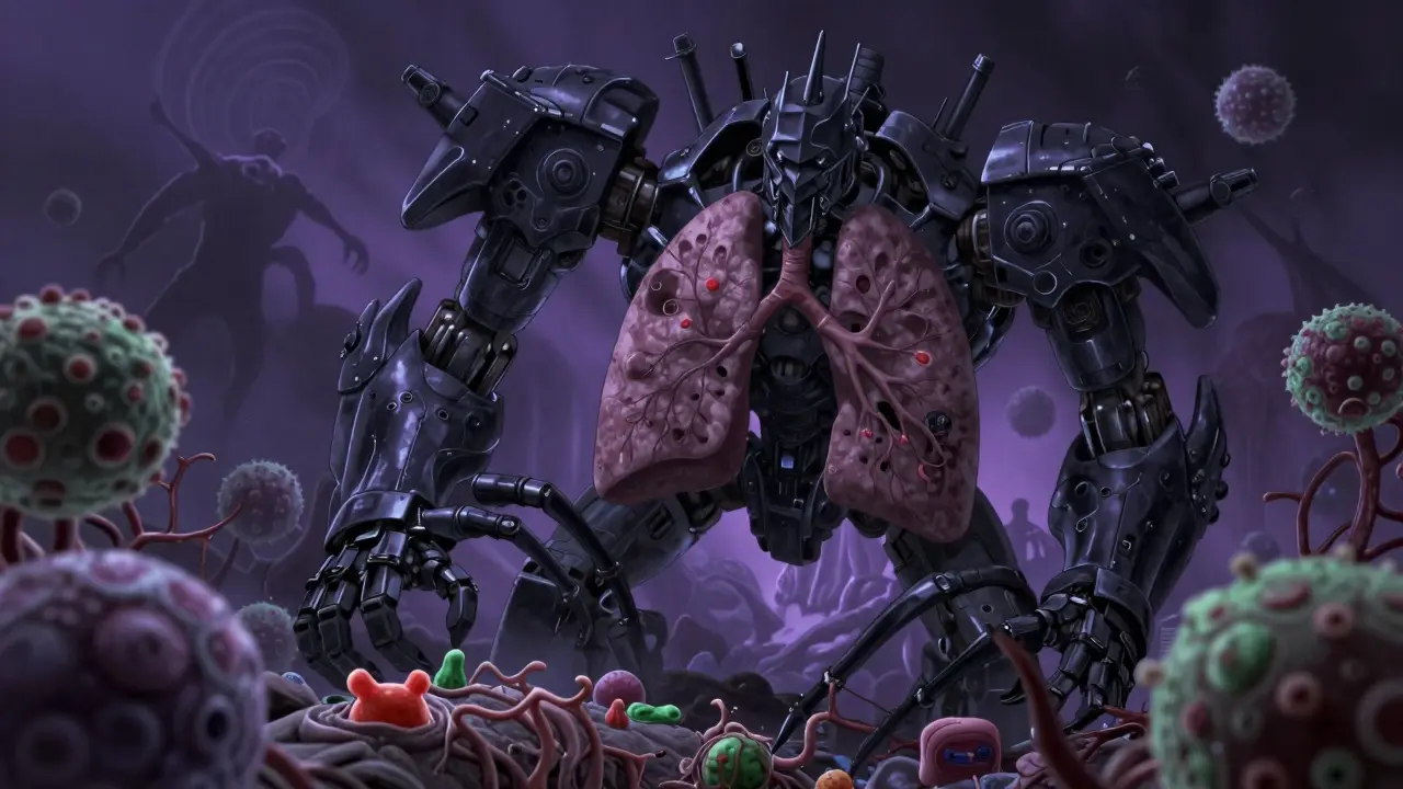 Dark fungal mech destroying lung tissue structures in a microscopic battle