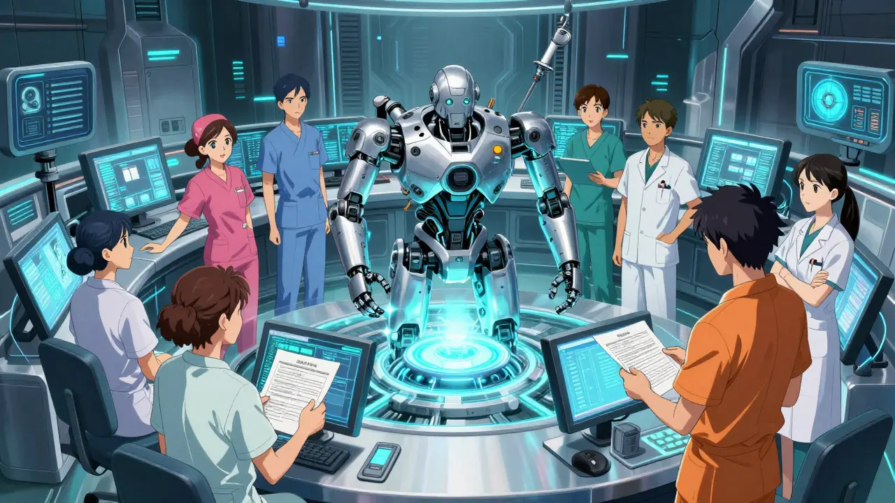Diverse group of people submitting reports at futuristic robotic terminals in a high-tech room.