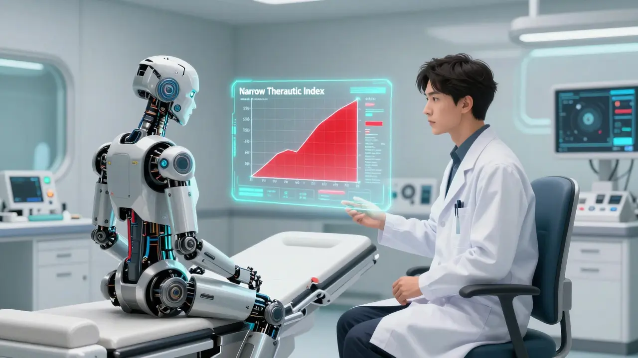Doctor and cybernetic patient reviewing drug interaction alerts on a hologram