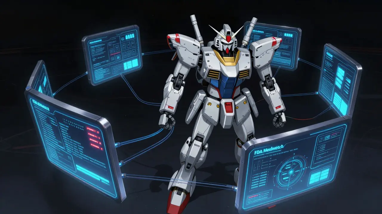 Futuristic interface panels representing drug reporting agencies in anime style