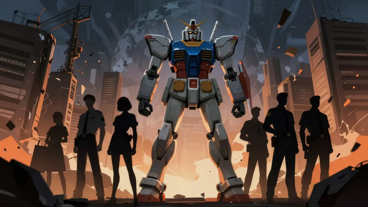 Investigators standing against shadowy structures in real robot anime style