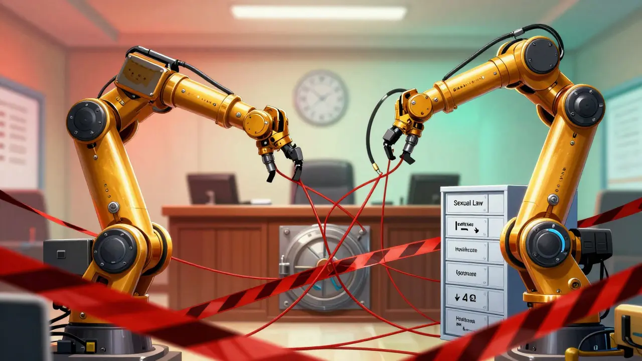 Mechanical arms sorting tangled cables into organized legal and medical streams.