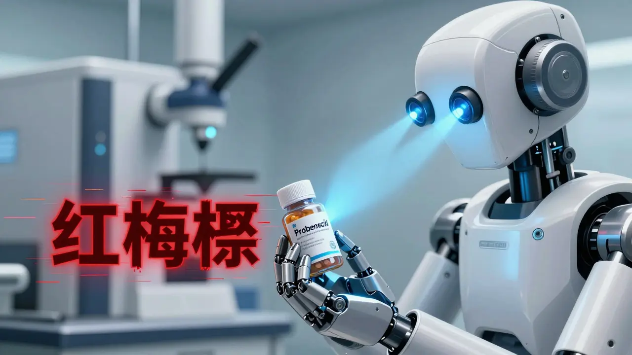 Mechanical robot scanning pills with red warning symbols nearby