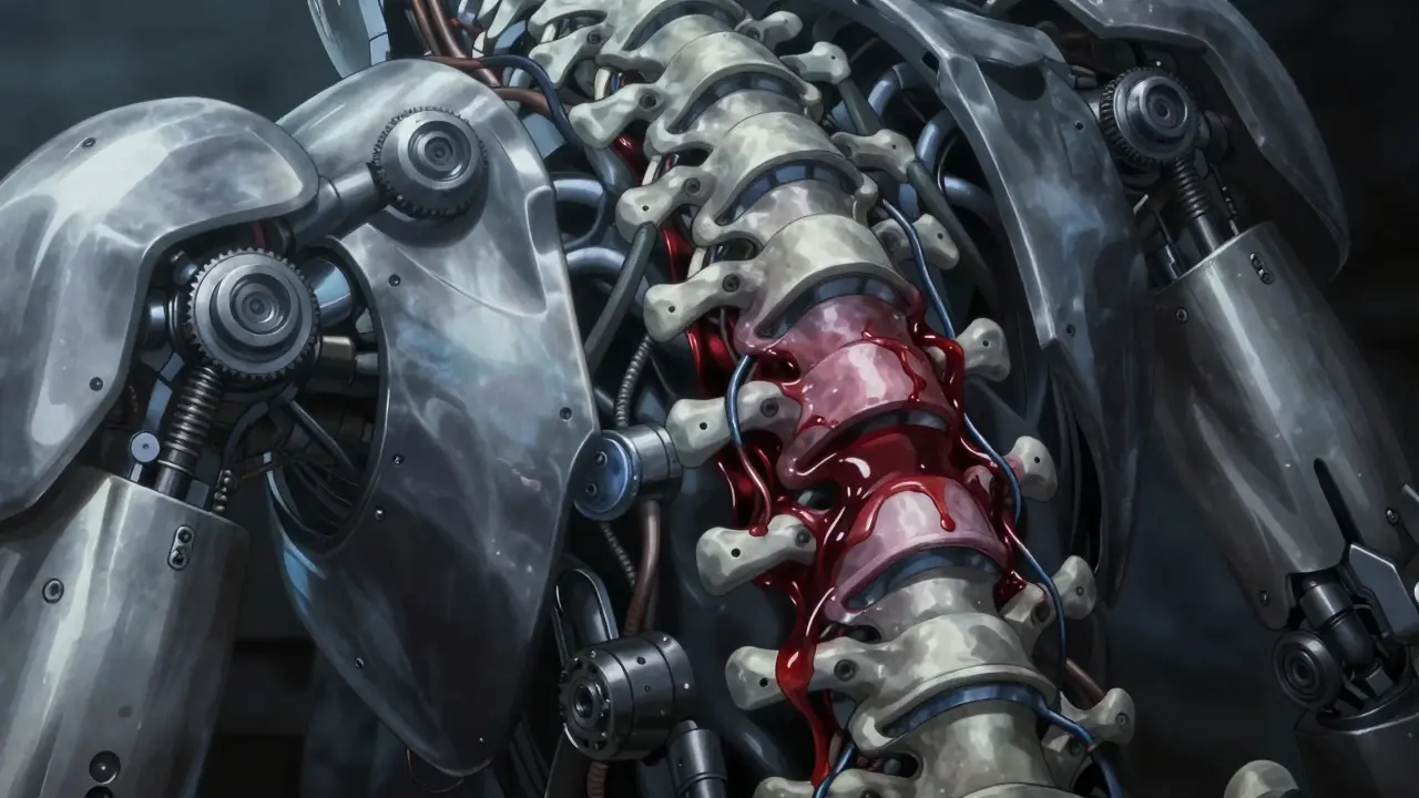 Mechanical spine with red fluid pooling causing compression