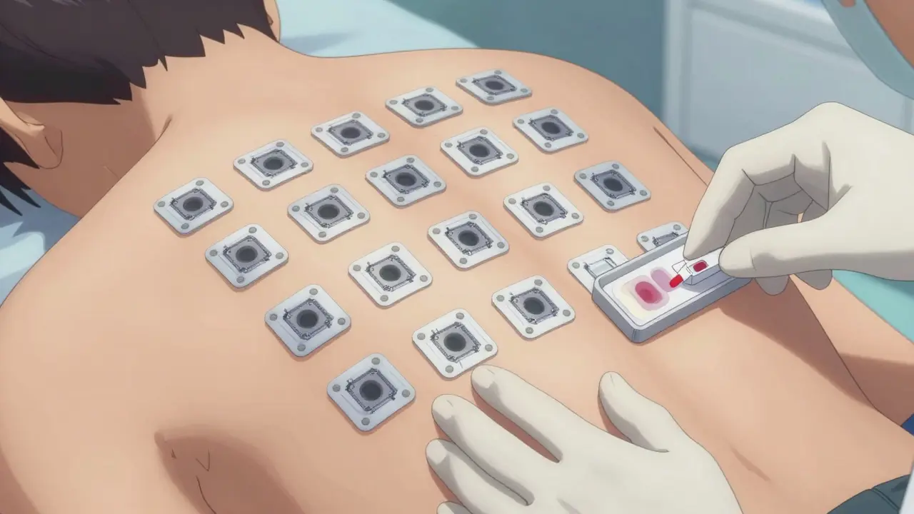 Medical patches applied to back for allergy testing