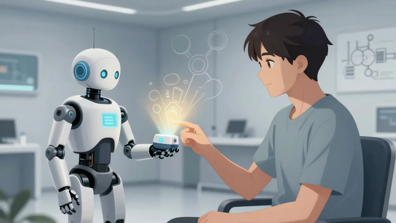 Patient using a futuristic smart pill dispenser in a modern home