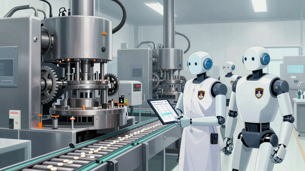 Robot inspectors checking pharmaceutical manufacturing quality