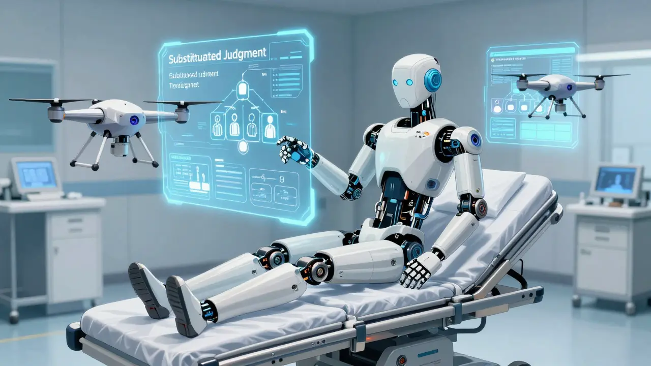 Robotic drones analyzing medical directives around an inactive android patient.