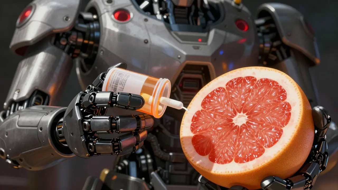 Robotic hand holding pills near a grapefruit with red warning lights reflecting