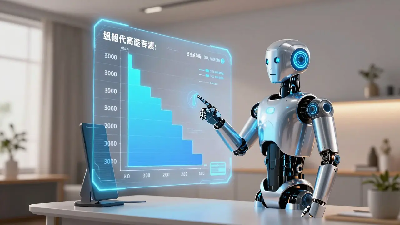 Service robot showing holographic price comparison for cheap meds
