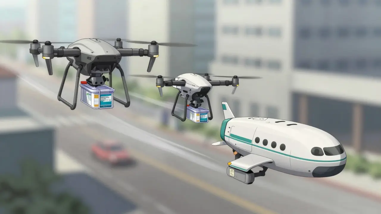 Three distinct delivery drones carrying medication packages in air