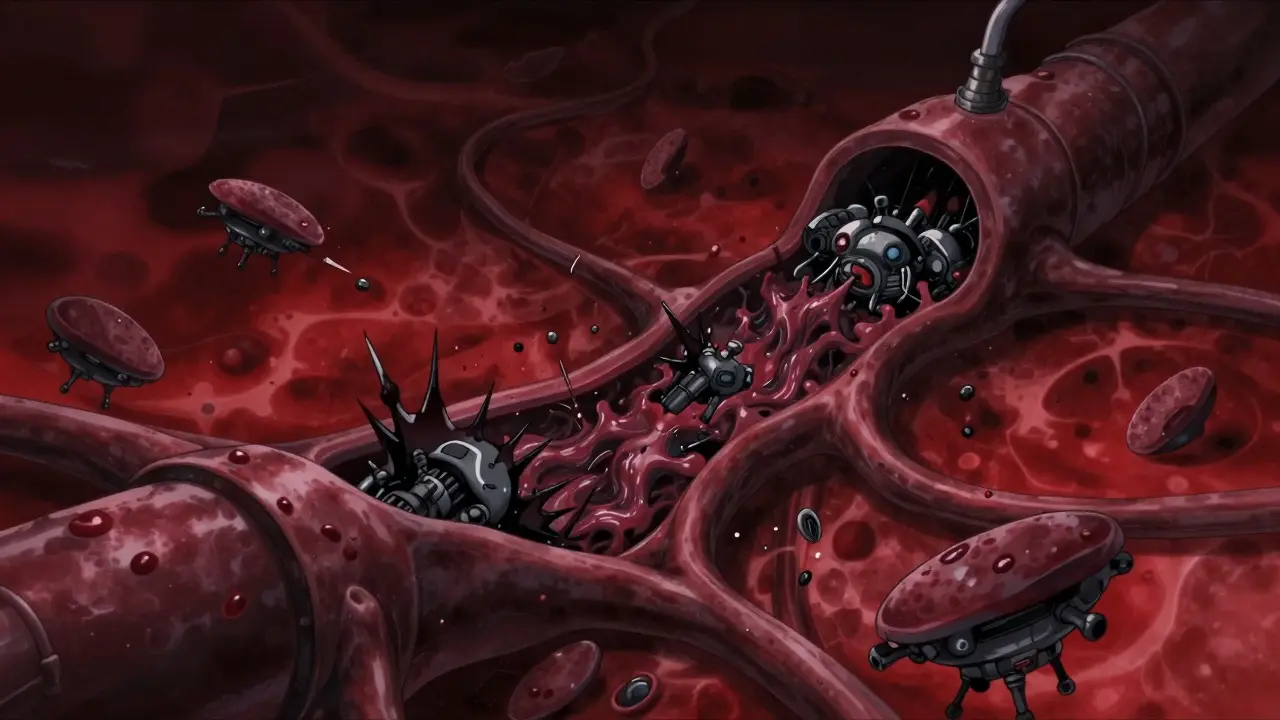 Abstract view of blood clots blocking vessel pipes