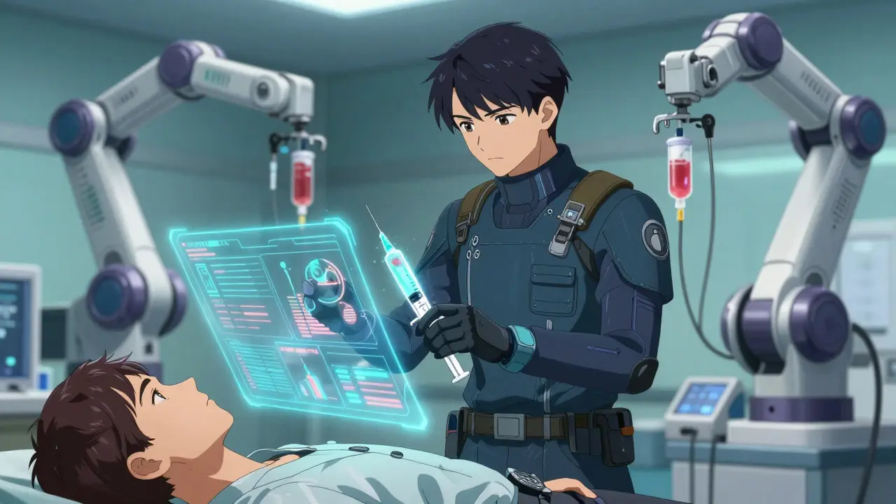 Doctor administering treatment in futuristic ICU
