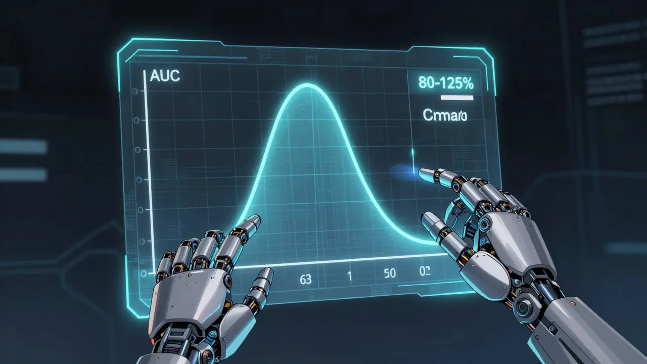 Holographic graph showing drug absorption stats adjusted by robots