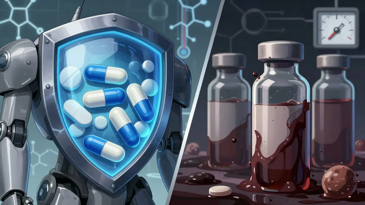 Illustration comparing stable solid drugs vs degrading liquids