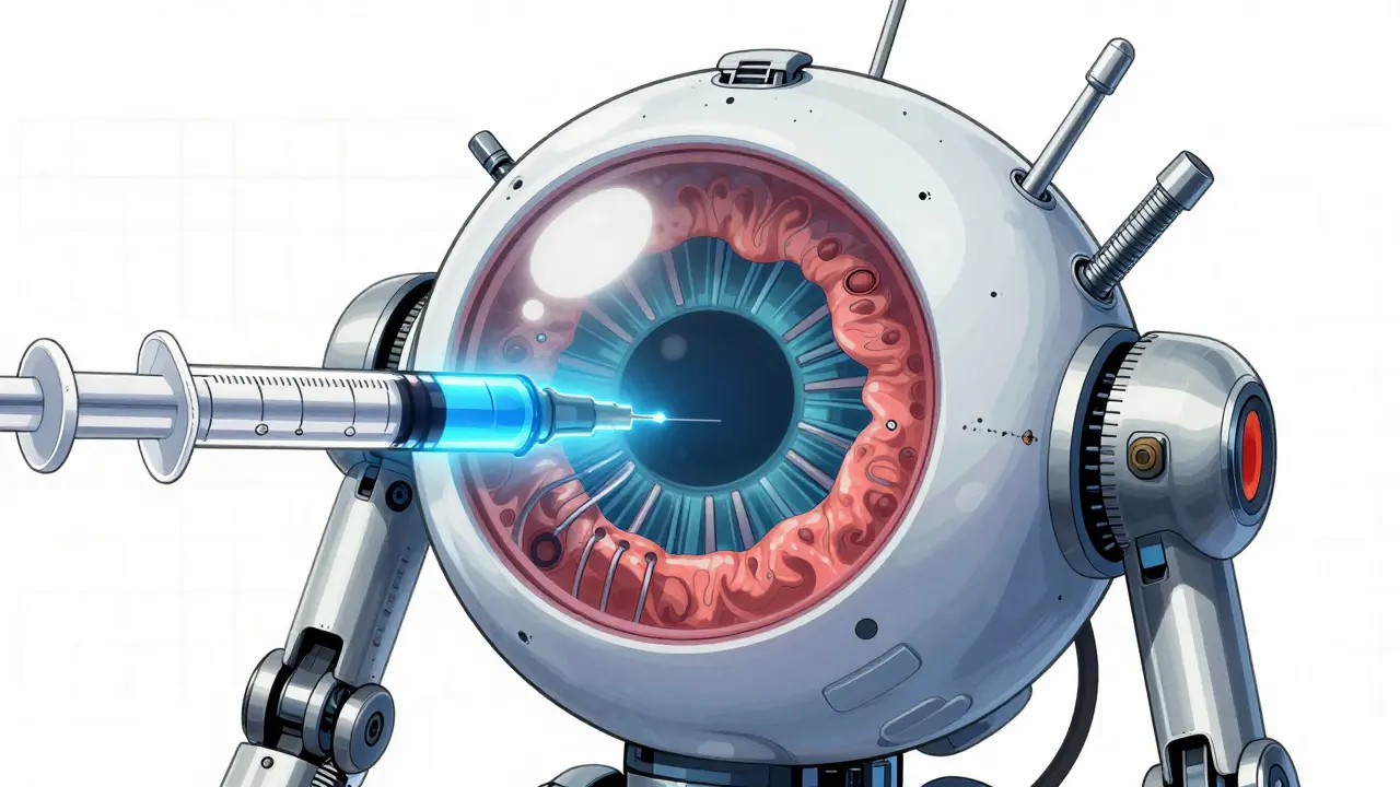 Medical injection into a stylized eye, manga art