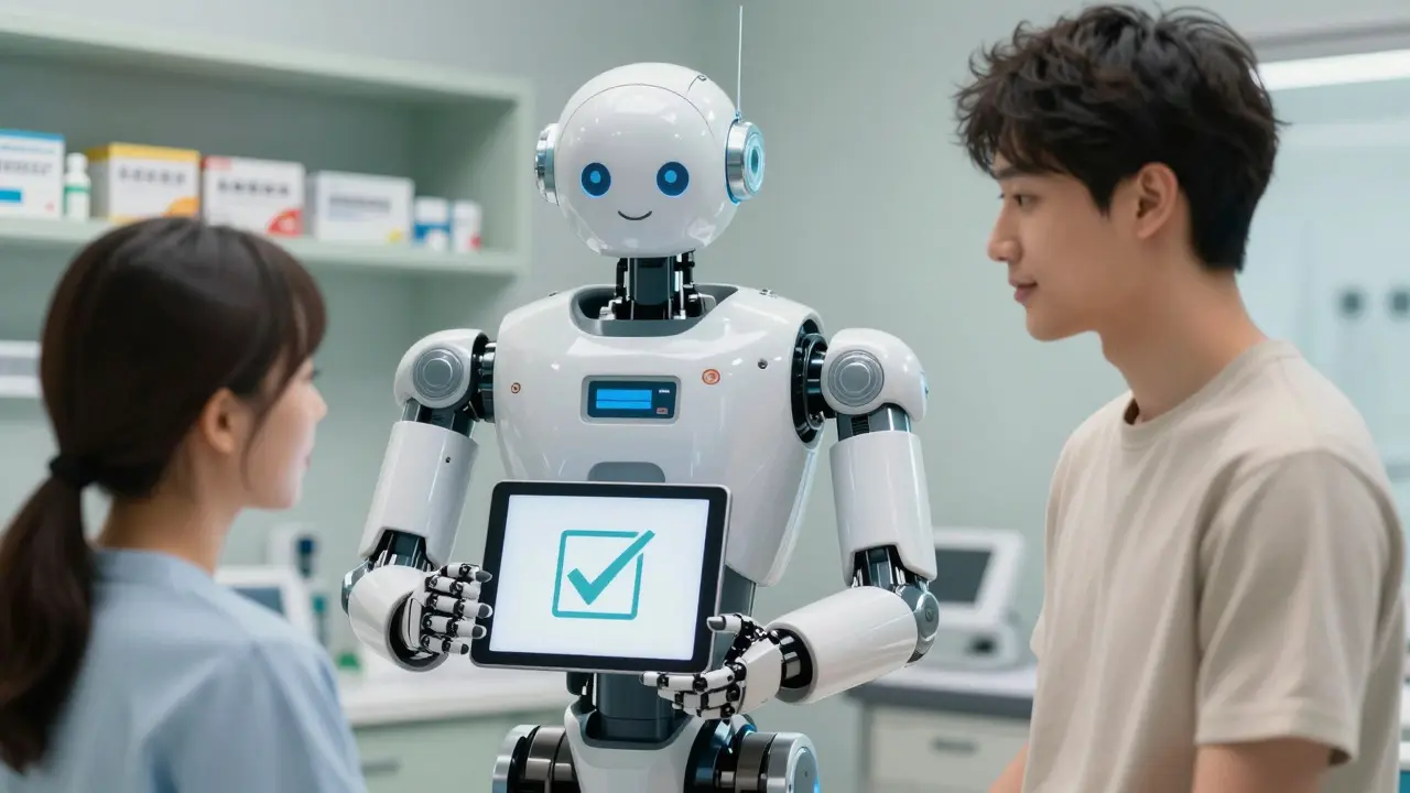 Medical robot reassuring a patient about generic drug safety
