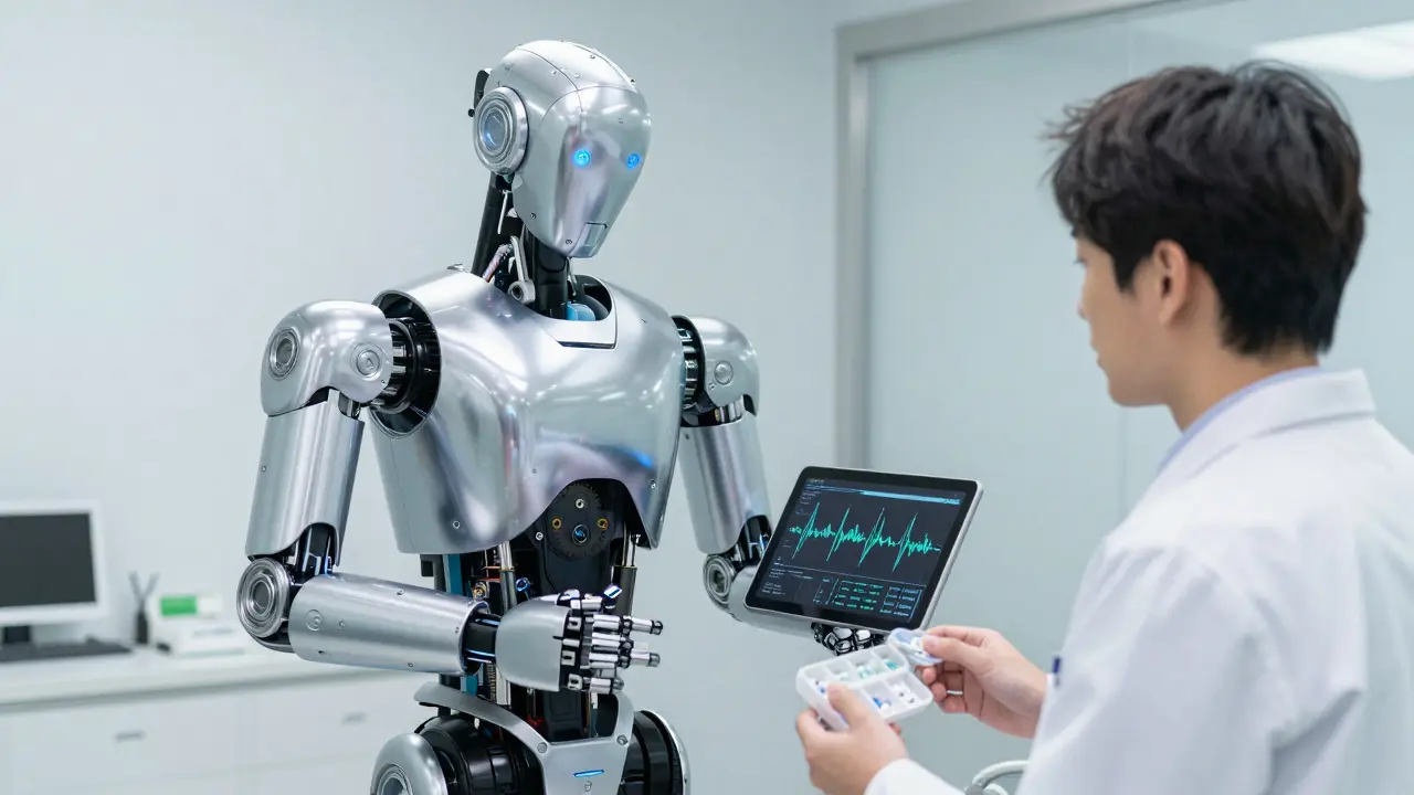 Patient consulting with a medical android about test results