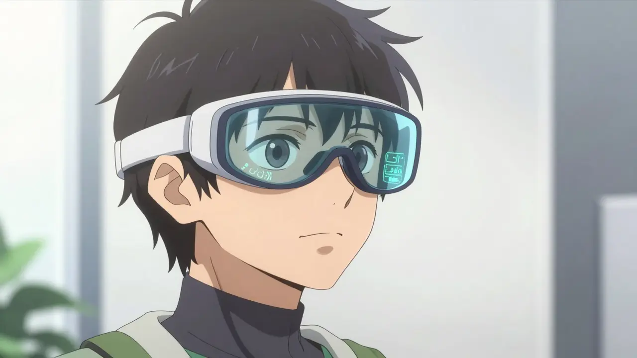 Person with clear vision and health monitors, anime